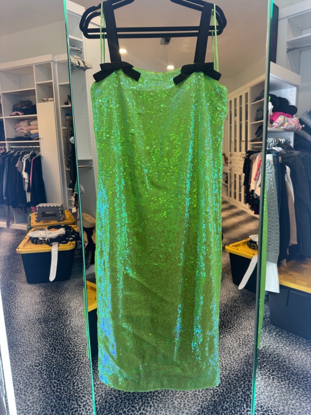 J. Crew Neon Green Sequin Maxi Dress with Black Bow Straps